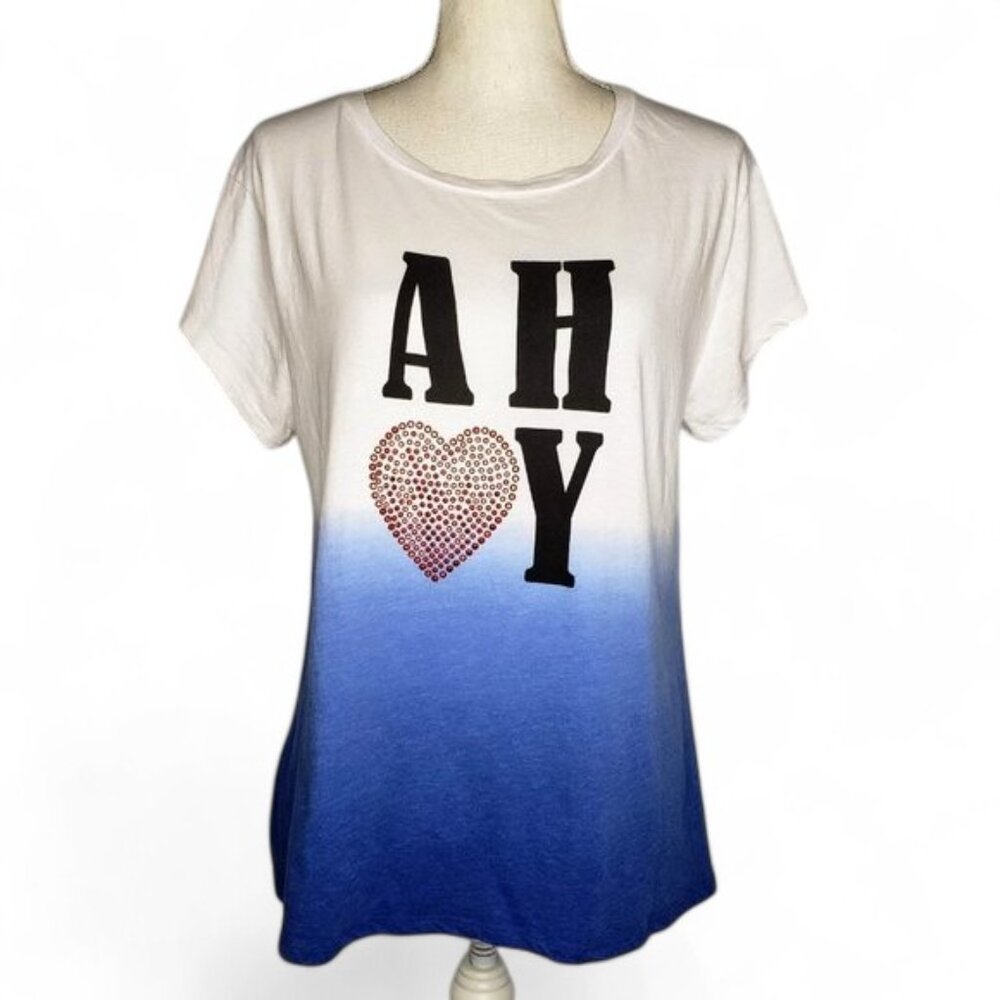 Newport News Rhinestone Heart Dip Dye Shirt Women's Ahoy Spell‎ Out Scoop Neck L